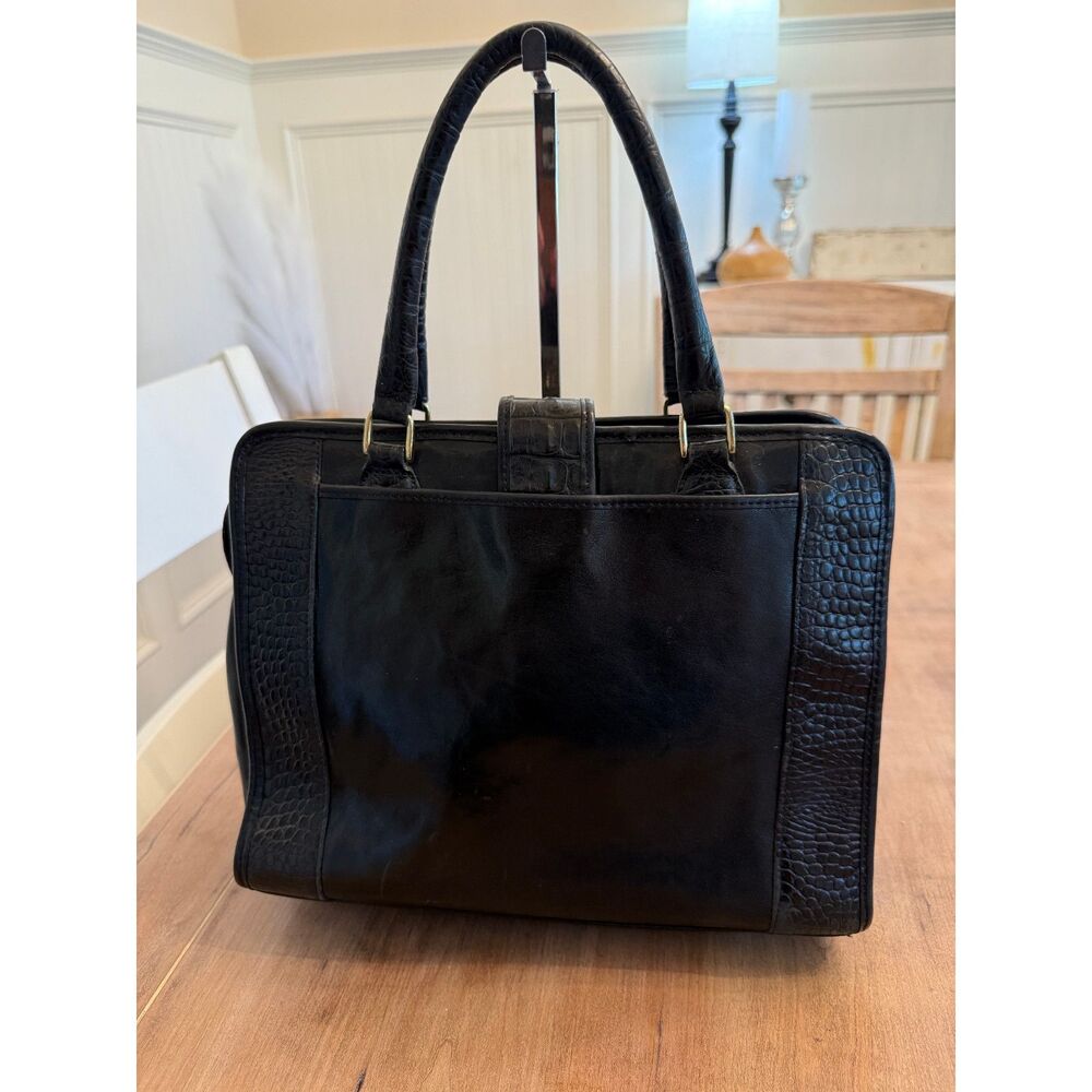 Vintage Brahmin Black Leather Croc Detail Square Top Handle Bag - Picture 2 of 11